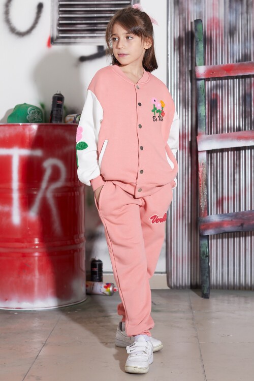 Pembe Çiçekli Kolej Ceketli Kız Çocuk Şardonlu Eşofman Takımı 16819