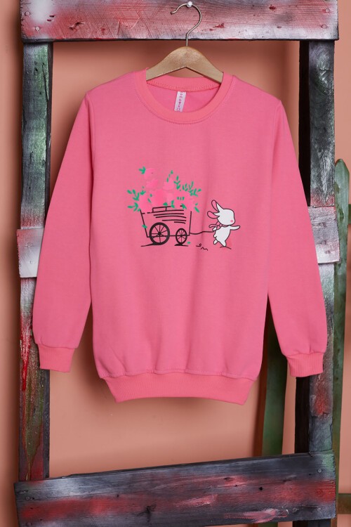 Pembe Çiçekli Tavşan Baskılı Kız Çocuk Sweatshirt 17279