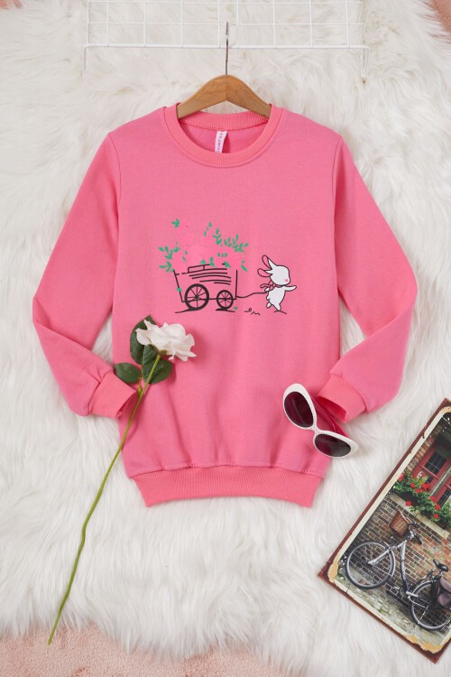 Pembe Çiçekli Tavşan Baskılı Kız Çocuk Sweatshirt 17279