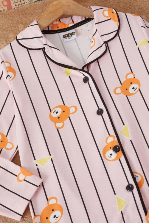 Pembe Çizgili Ayıcıklı Kız Çocuk Pijama Takımı 17164