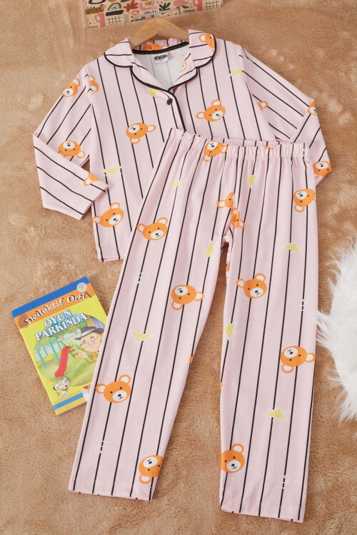 Pembe Çizgili Ayıcıklı Kız Çocuk Pijama Takımı 17164