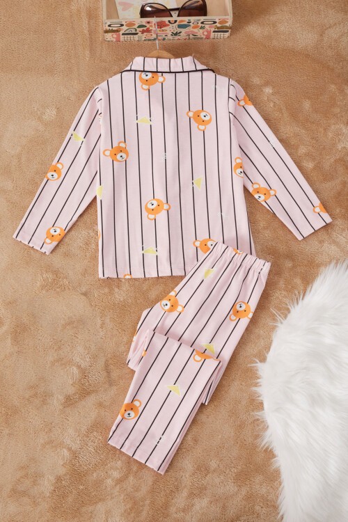 Pembe Çizgili Ayıcıklı Kız Çocuk Pijama Takımı 17164