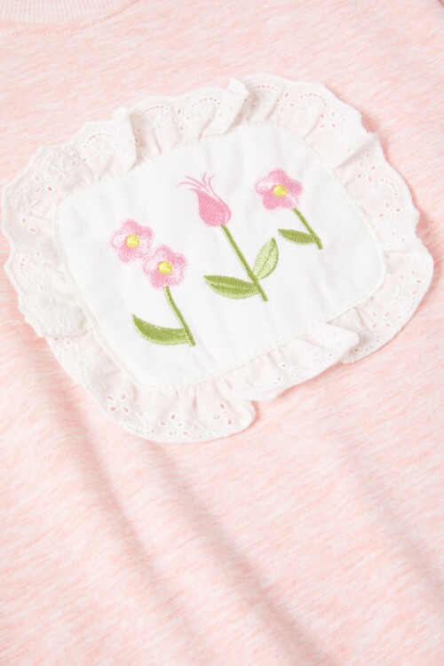 Pembe Dantelli Lale Nakışlı Kız Çocuk Sweatshirt 16769