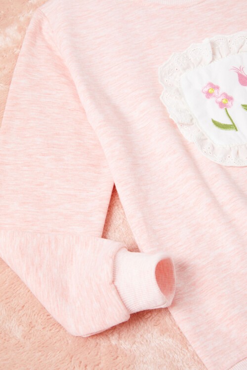 Pembe Dantelli Lale Nakışlı Kız Çocuk Sweatshirt 16769