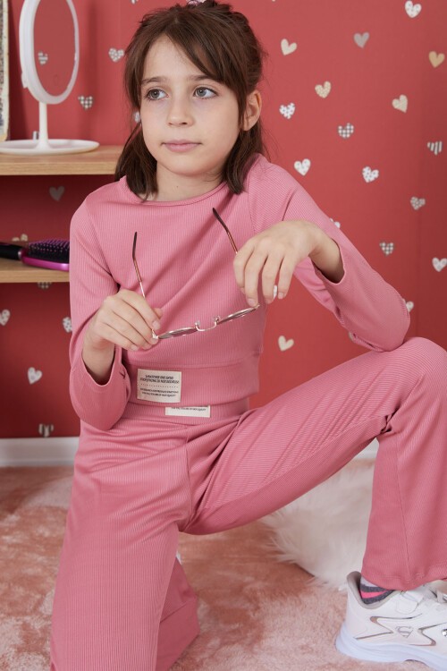 Pembe Fitilli İspanyol Paça Kız Çocuk Crop Takım 17258