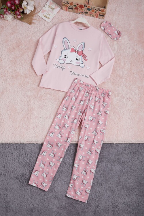 Pembe Fiyonklu Kedili Kız Çocuk Pijama Takımı 16337