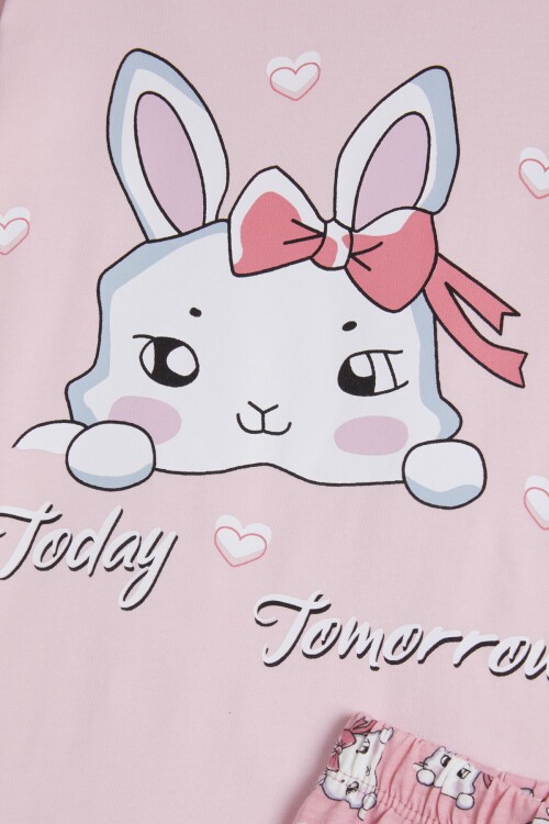 Pembe Fiyonklu Kedili Kız Çocuk Pijama Takımı 16337