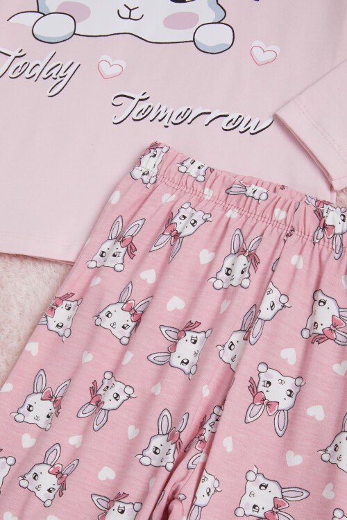 Pembe Fiyonklu Kedili Kız Çocuk Pijama Takımı 16337