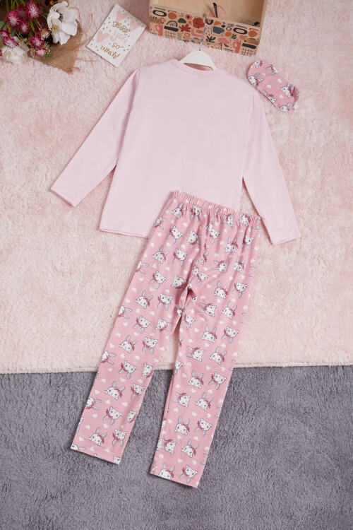 Pembe Fiyonklu Kedili Kız Çocuk Pijama Takımı 16337