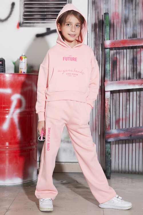 Pembe Future Yazılı Sırtı Baskılı Polarlı Kız Kapşonlu Eşofman Takımı 16746