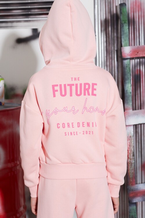 Pembe Future Yazılı Sırtı Baskılı Polarlı Kız Kapşonlu Eşofman Takımı 16746