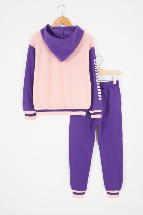 Pembe Girl Yazı Baskılı Kapüşonlu Şardonlu Kolej Eşofman Takım 17073