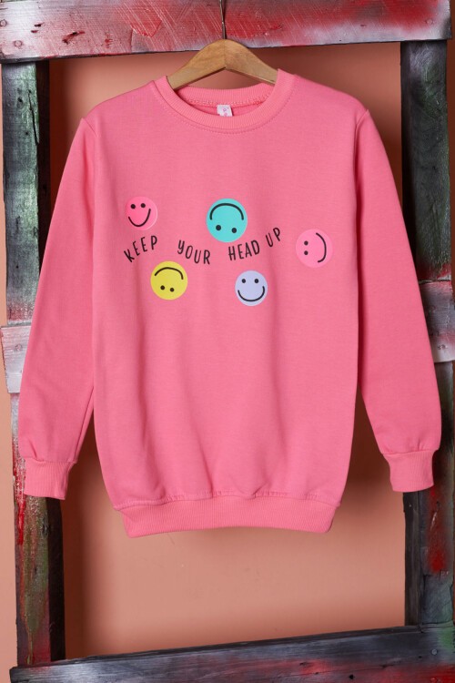 Pembe Gülen Yüz Baskılı Kız Çocuk Bisiklet Yaka Sweatshirt 17282