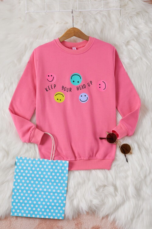Pembe Gülen Yüz Baskılı Kız Çocuk Bisiklet Yaka Sweatshirt 17282