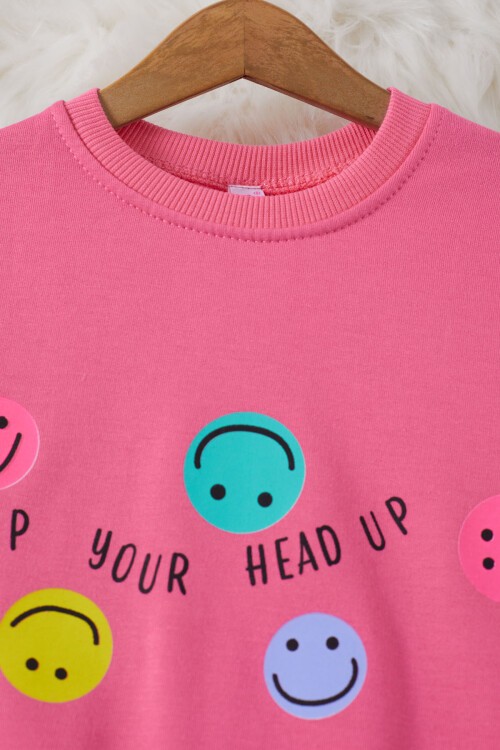 Pembe Gülen Yüz Baskılı Kız Çocuk Bisiklet Yaka Sweatshirt 17282