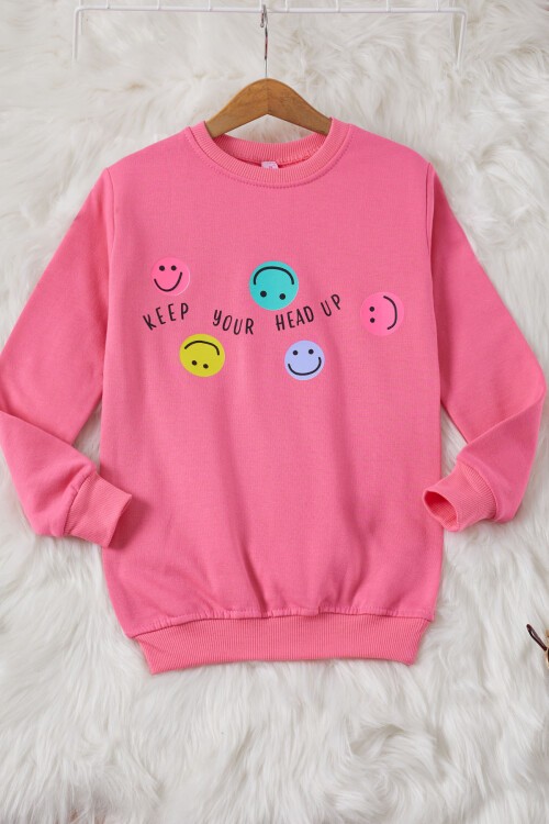 Pembe Gülen Yüz Baskılı Kız Çocuk Bisiklet Yaka Sweatshirt 17282