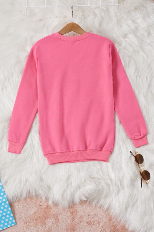 Pembe Gülen Yüz Baskılı Kız Çocuk Bisiklet Yaka Sweatshirt 17282