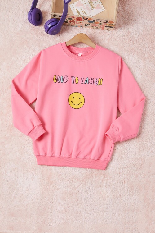 Pembe Gülen Yüz Sırtı Baskılı Kız Çocuk Sweatshirt 16701