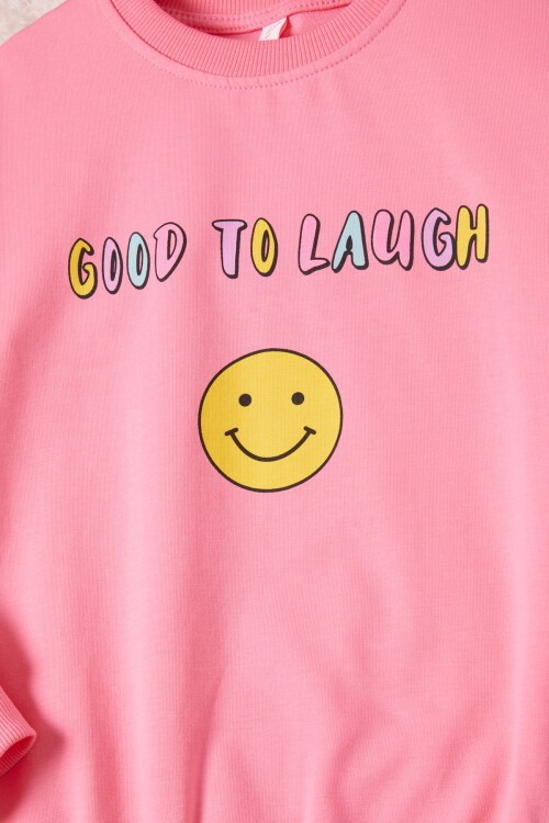 Pembe Gülen Yüz Sırtı Baskılı Kız Çocuk Sweatshirt 16701