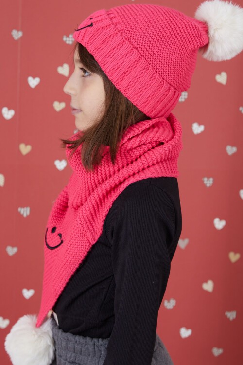 Pembe Gülenyüz Nakışlı Ponponlu Kız Çocuk Atkı Bere Seti 17301