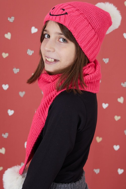 Pembe Gülenyüz Nakışlı Ponponlu Kız Çocuk Atkı Bere Seti 17301