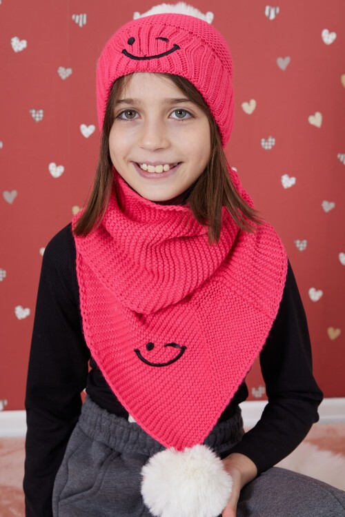 Pembe Gülenyüz Nakışlı Ponponlu Kız Çocuk Atkı Bere Seti 17301