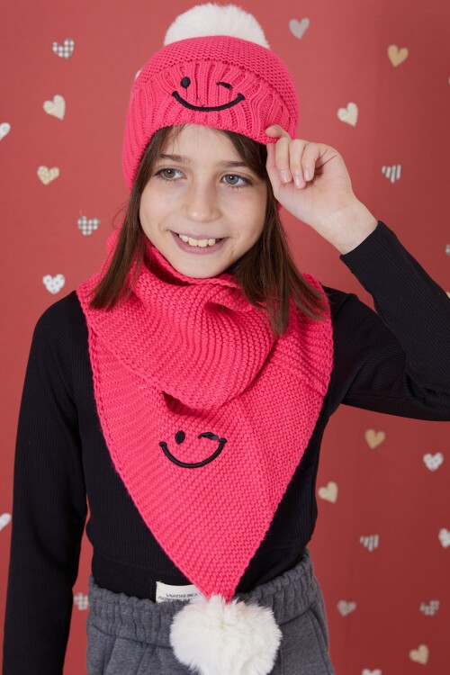 Pembe Gülenyüz Nakışlı Ponponlu Kız Çocuk Atkı Bere Seti 17301