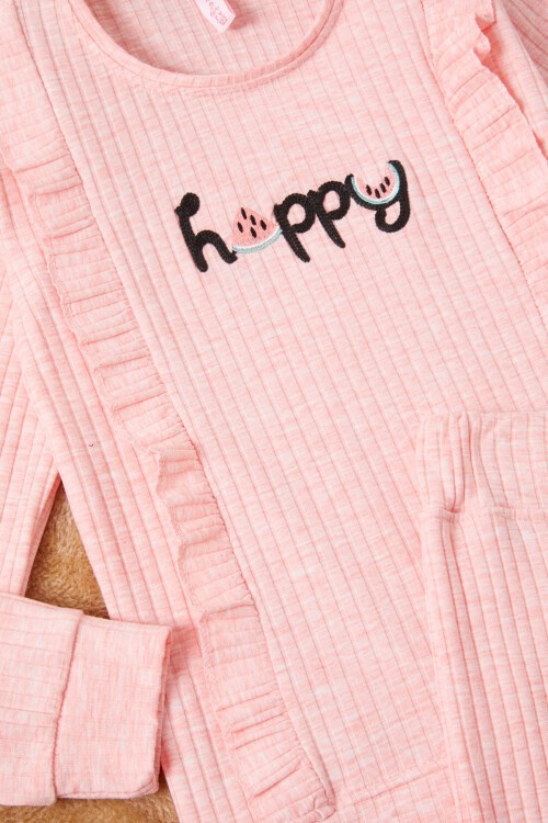 Pembe Happy Yazılı Fırfırlı Kız Çocuk Takımı 16716