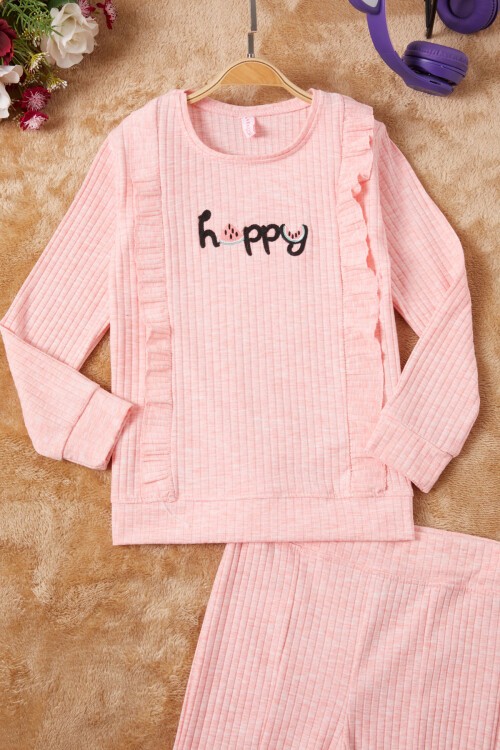 Pembe Happy Yazılı Fırfırlı Kız Çocuk Takımı 16716