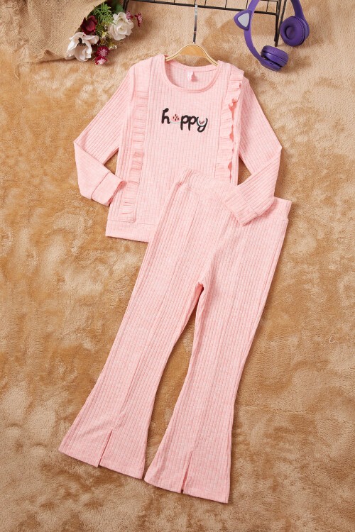 Pembe Happy Yazılı Fırfırlı Kız Çocuk Takımı 16716