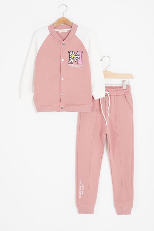 Pembe Harf Nakışlı Kolej Ceketli Kız Çocuk Şardonlu Eşofman Takımı 16827