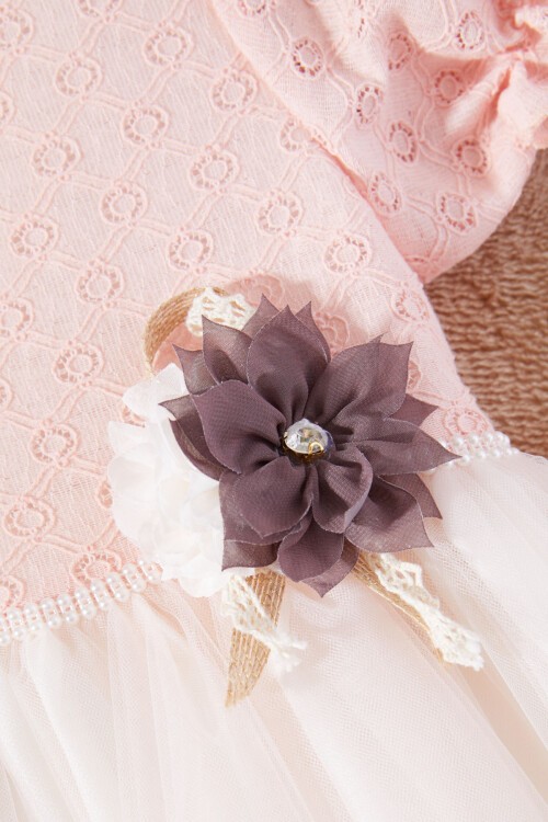 Pembe İnci Şeritli Çantalı Kız Çocuk Tüllü Elbise 17263