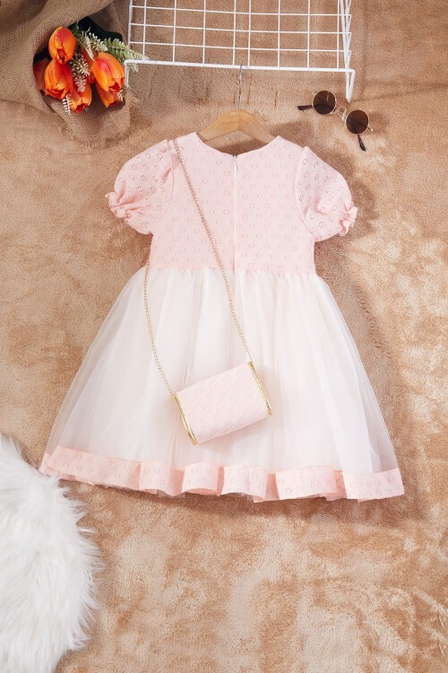 Pembe İnci Şeritli Çantalı Kız Çocuk Tüllü Elbise 17263