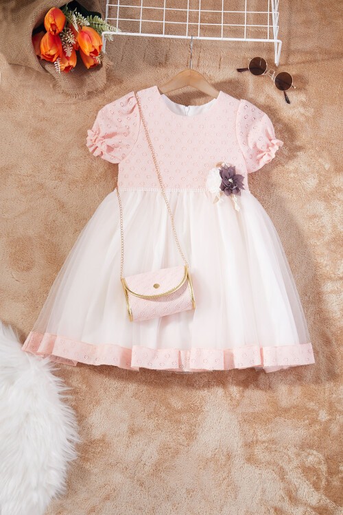 Pembe İnci Şeritli Çantalı Kız Çocuk Tüllü Elbise 17263