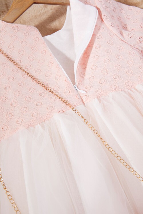 Pembe İnci Şeritli Çantalı Kız Çocuk Tüllü Elbise 17263