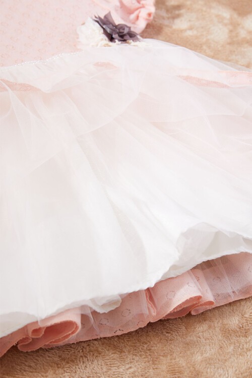 Pembe İnci Şeritli Çantalı Kız Çocuk Tüllü Elbise 17263