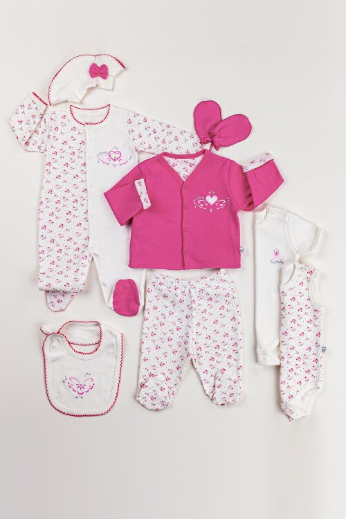 Pembe Kalp Motifli 8li Bebek Hastane Çıkışı Seti 16918