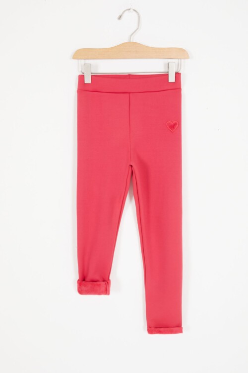 Pembe Kalp Nakışlı İçi Peluş Kız Çocuk Tayt 17089