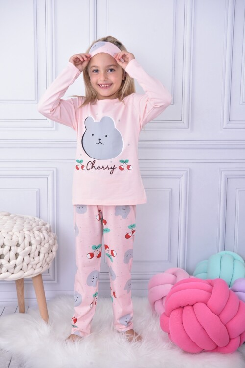 Pembe Kirazlı Yazı Baskılı Kız Çocuk Göz Bantlı Pijama Takımı 17030
