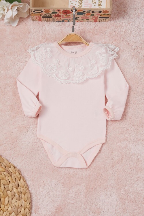 Pembe Kız Bebek Dantel Yakalı Uzun Kol Çıtçıtlı Badi 16839