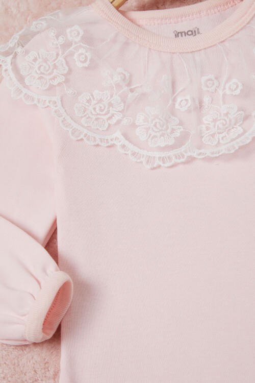 Pembe Kız Bebek Dantel Yakalı Uzun Kol Çıtçıtlı Badi 16839