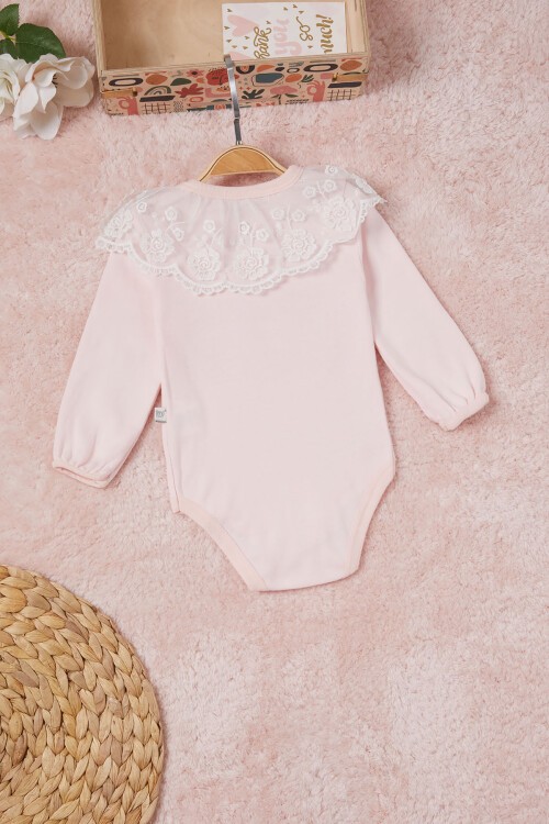 Pembe Kız Bebek Dantel Yakalı Uzun Kol Çıtçıtlı Badi 16839