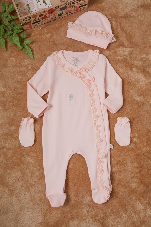 Pembe Kız Bebek Kelebek Baskılı 3lü Tulum Takım 16687