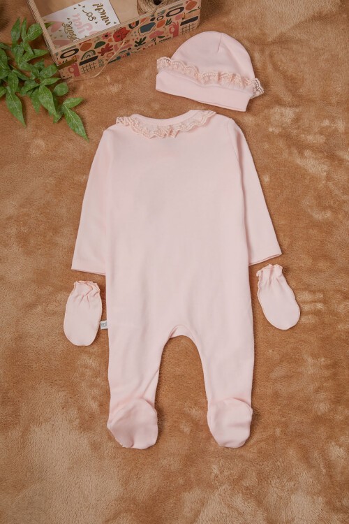 Pembe Kız Bebek Kelebek Baskılı 3lü Tulum Takım 16687