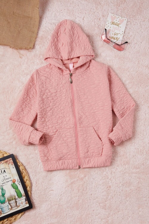 Pembe Kız Çocuk Kapitone Desenli Kapüşonlu Fermuarlı Hırka 16602