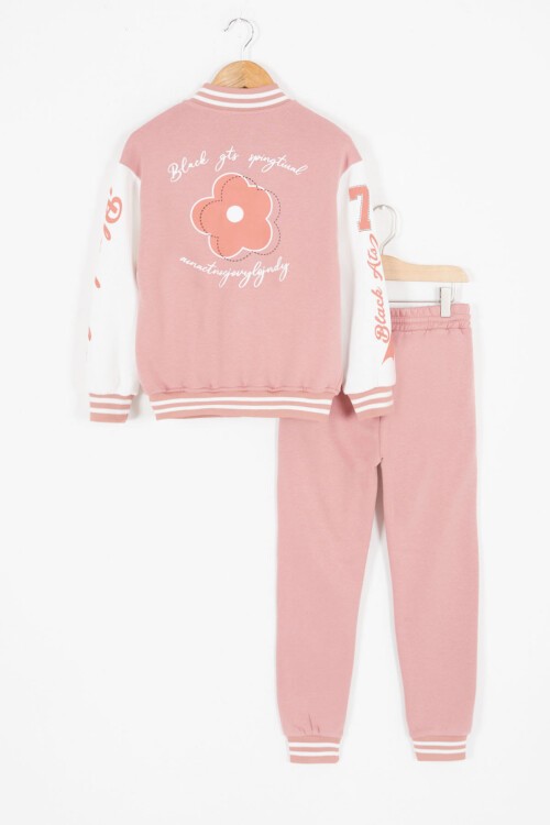 Pembe Kolları Yazı Baskılı Şardonlu Kız Çocuk Kolej Eşofman Takımı 17124