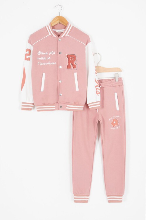 Pembe Kolları Yazı Baskılı Şardonlu Kız Çocuk Kolej Eşofman Takımı 17124