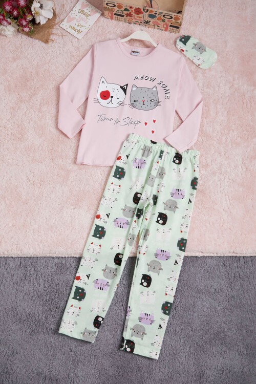 Pembe Meow Kedi Baskı Kız Çocuk Pijama Takımı 16340