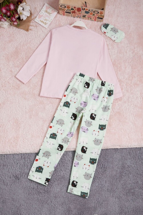 Pembe Meow Kedi Baskı Kız Çocuk Pijama Takımı 16340