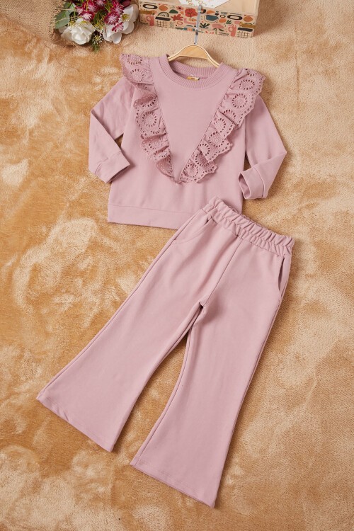 Pembe Önü Güpürlü İspanyol Paça Kız Çocuk Takım 16534